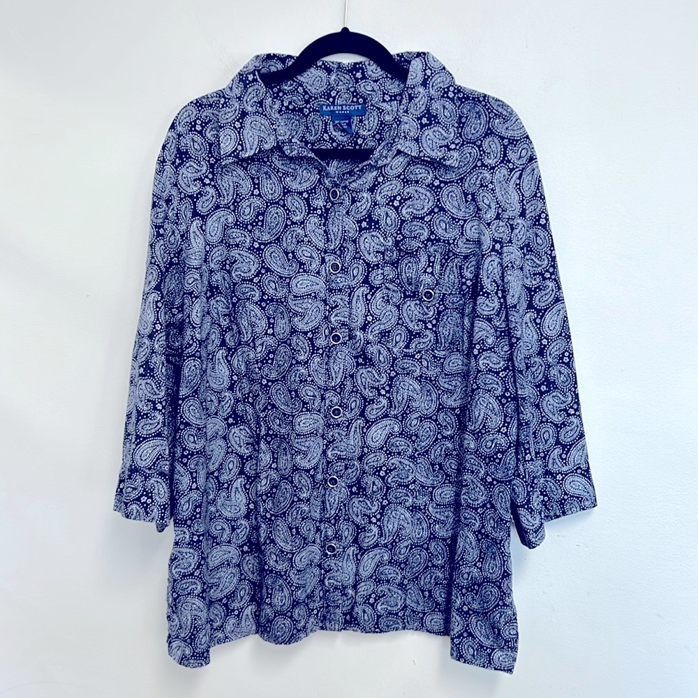Karen Scott Woman Paisley Button Down Roll Tab Sleeves Women’s Size 2X Blouse